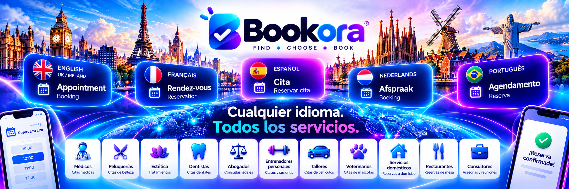 Bookora — agendamentos globais em vários idiomas